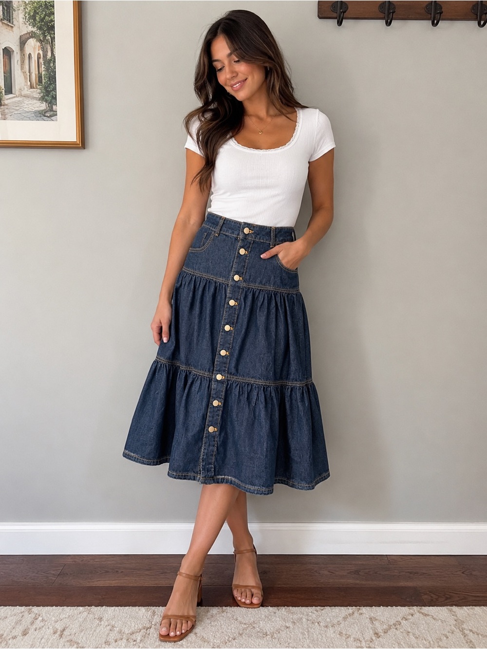 Time and Tru Dark Blue Button-Front Tiered Denim A-Line Skirt - Picture 2 of 8